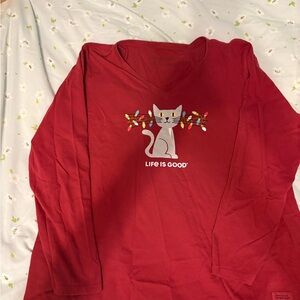 Life Is Good Red Shirt with Cat and Lights Graphic